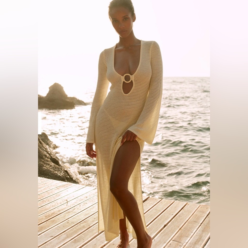 Monday Swimwear Cream Long Knit Cover-Up with Ring Accent